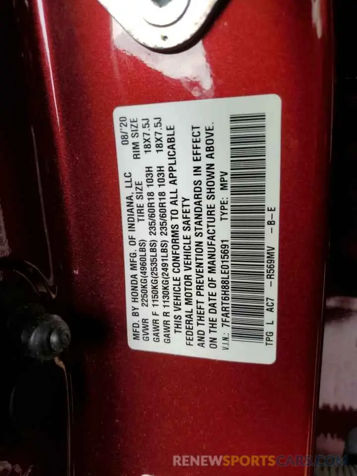 14 Photograph of a damaged car 7FART6H88LE015691 HONDA CRV 2020