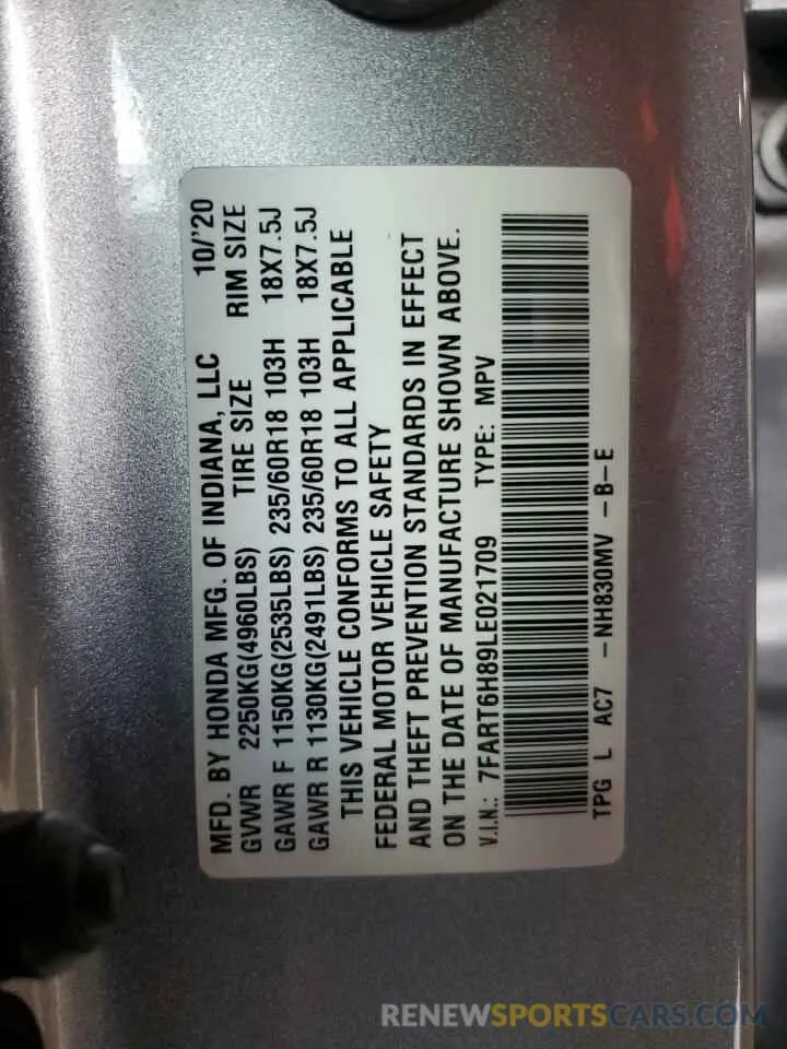 14 Photograph of a damaged car 7FART6H89LE021709 HONDA CRV 2020