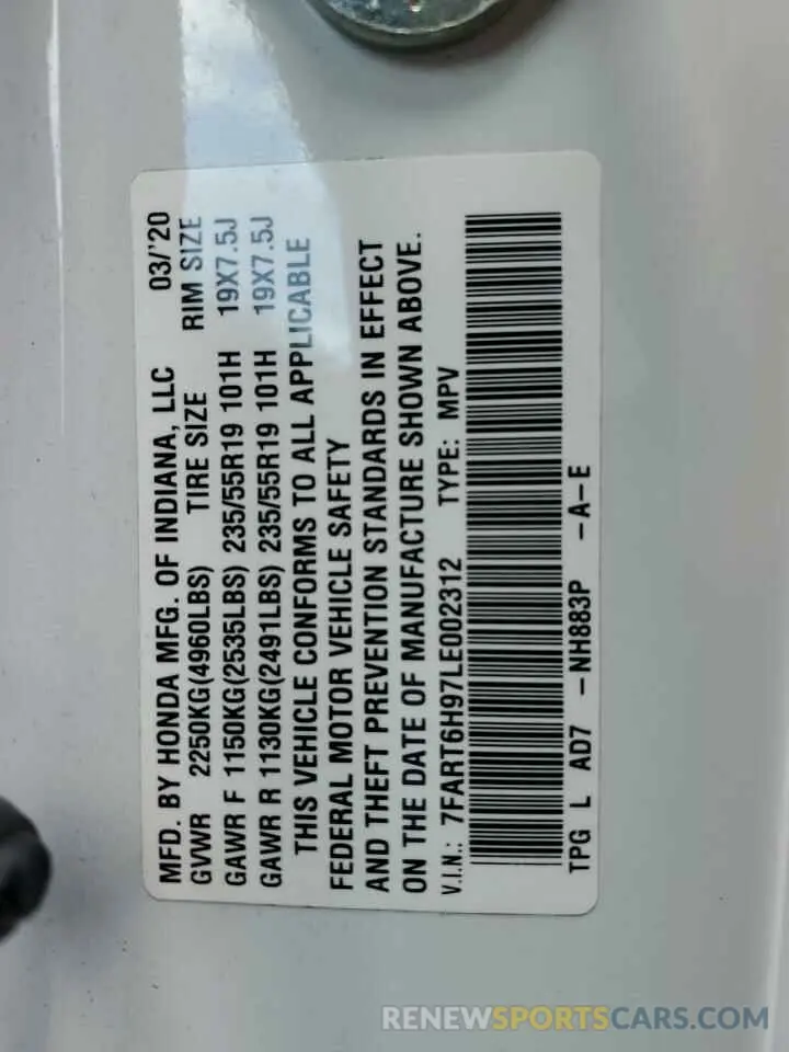 15 Photograph of a damaged car 7FART6H97LE002312 HONDA CRV 2020
