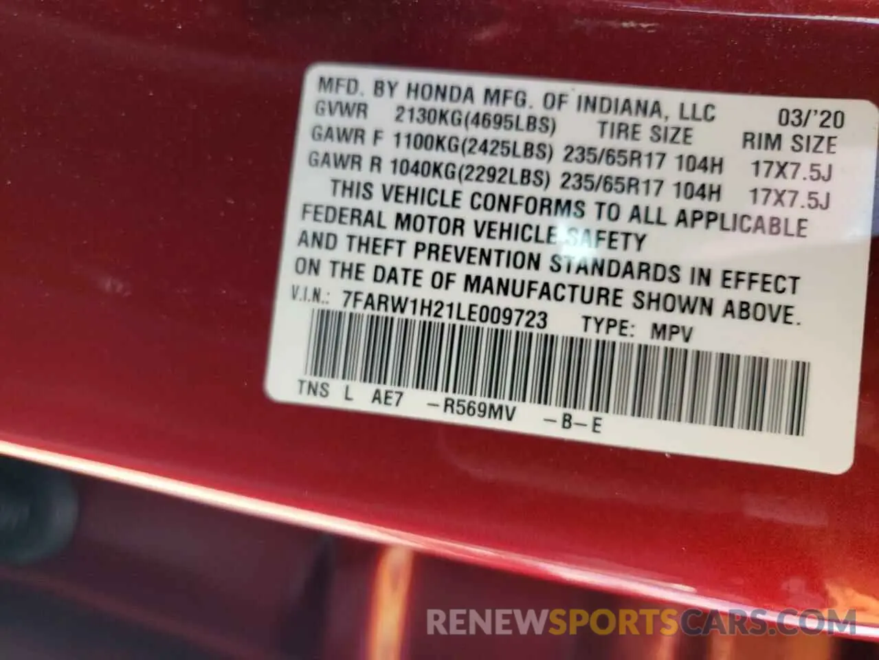 13 Photograph of a damaged car 7FARW1H21LE009723 HONDA CRV 2020