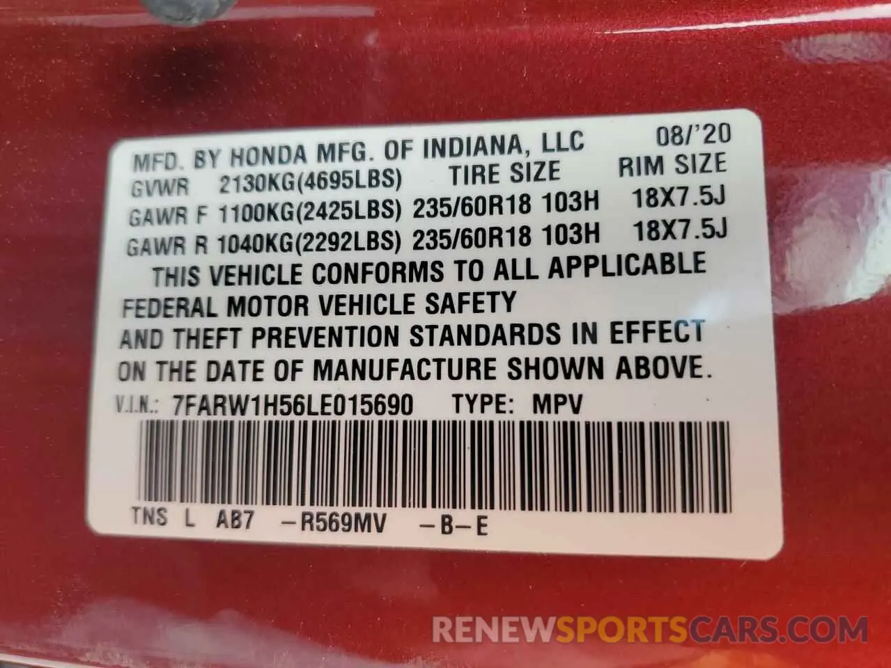 13 Photograph of a damaged car 7FARW1H56LE015690 HONDA CRV 2020