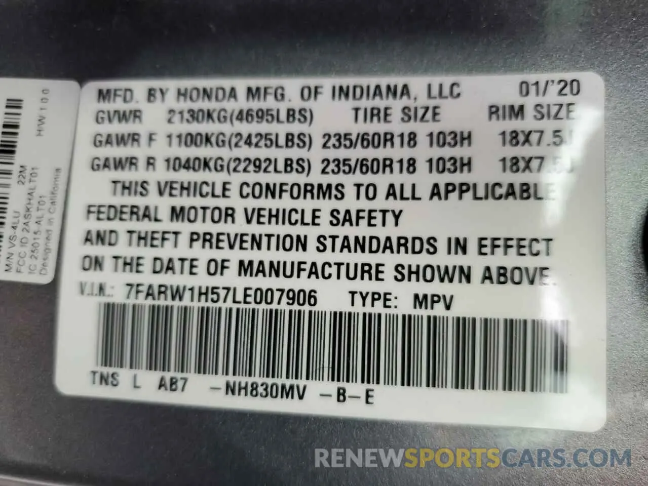 13 Photograph of a damaged car 7FARW1H57LE007906 HONDA CRV 2020