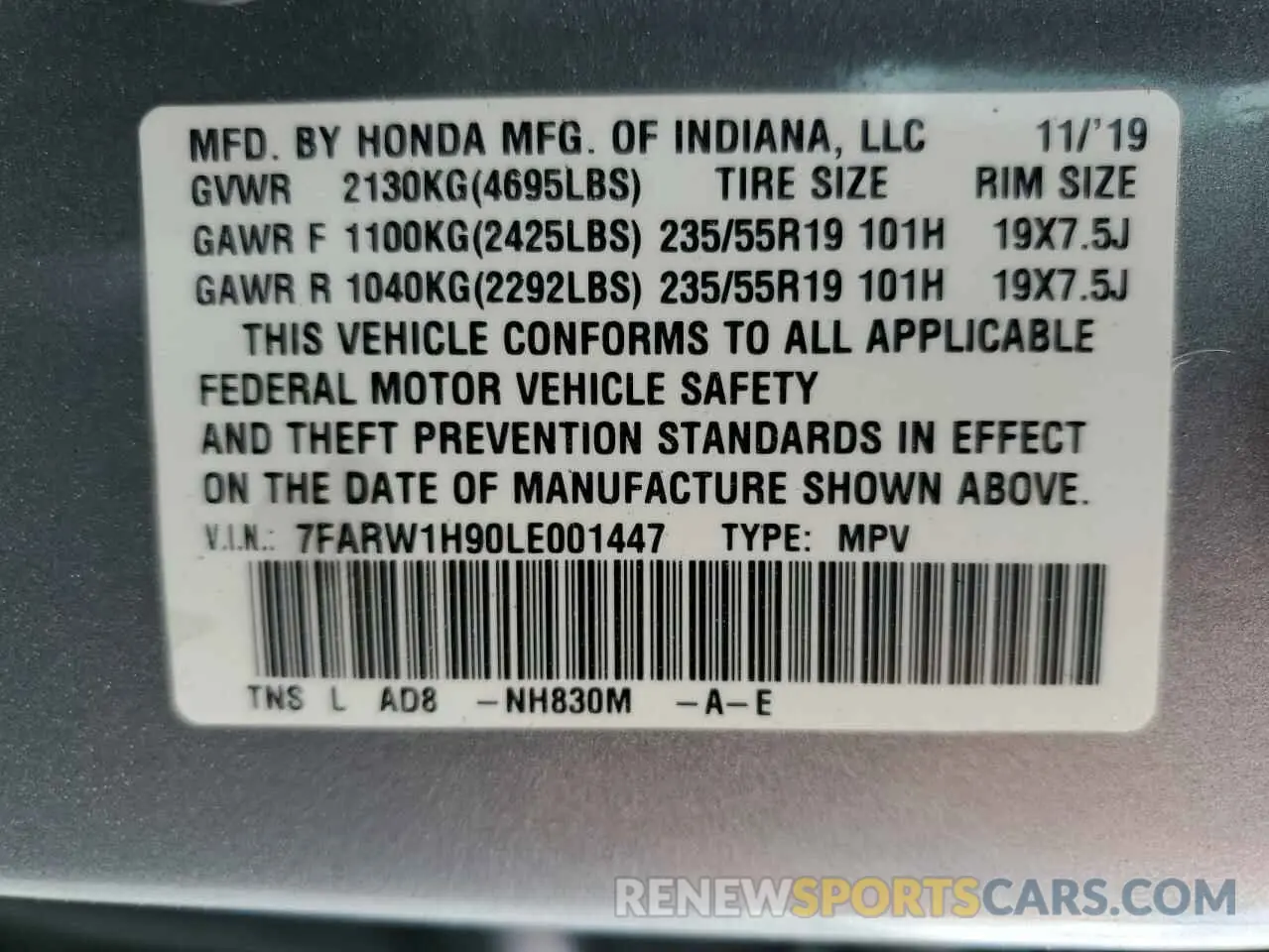14 Photograph of a damaged car 7FARW1H90LE001447 HONDA CRV 2020