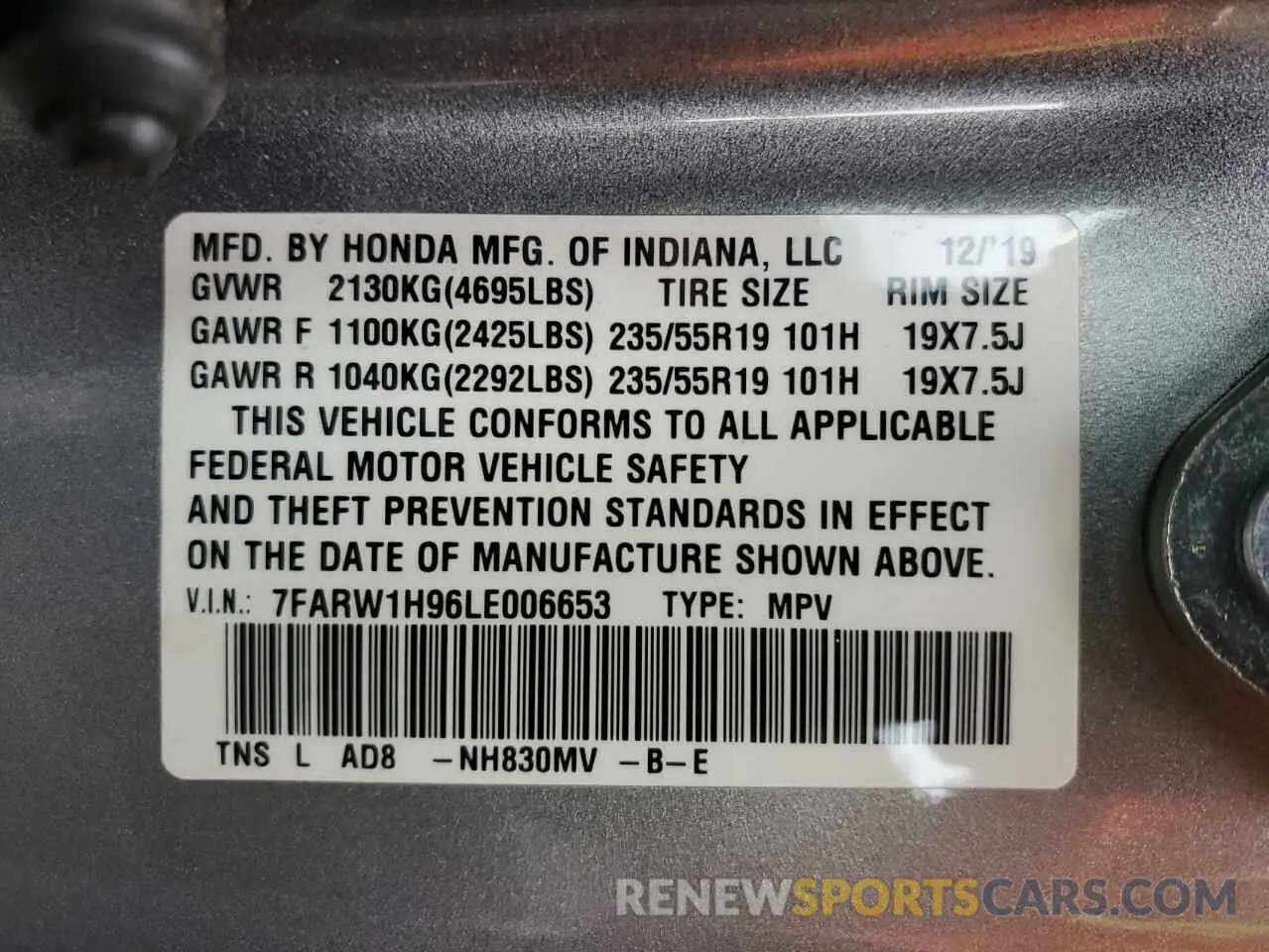 14 Photograph of a damaged car 7FARW1H96LE006653 HONDA CRV 2020