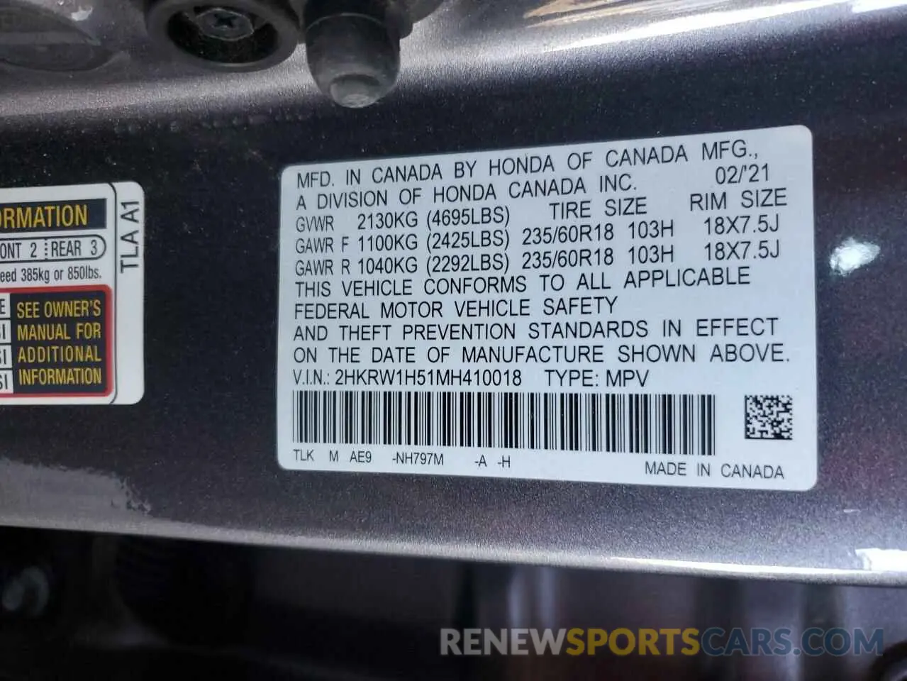 14 Photograph of a damaged car 2HKRW1H51MH410018 HONDA CRV 2021