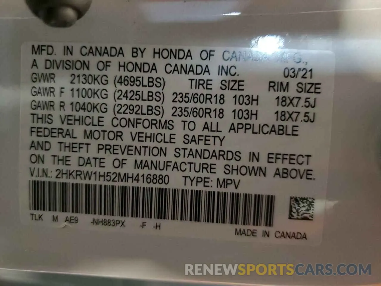 13 Photograph of a damaged car 2HKRW1H52MH416880 HONDA CRV 2021