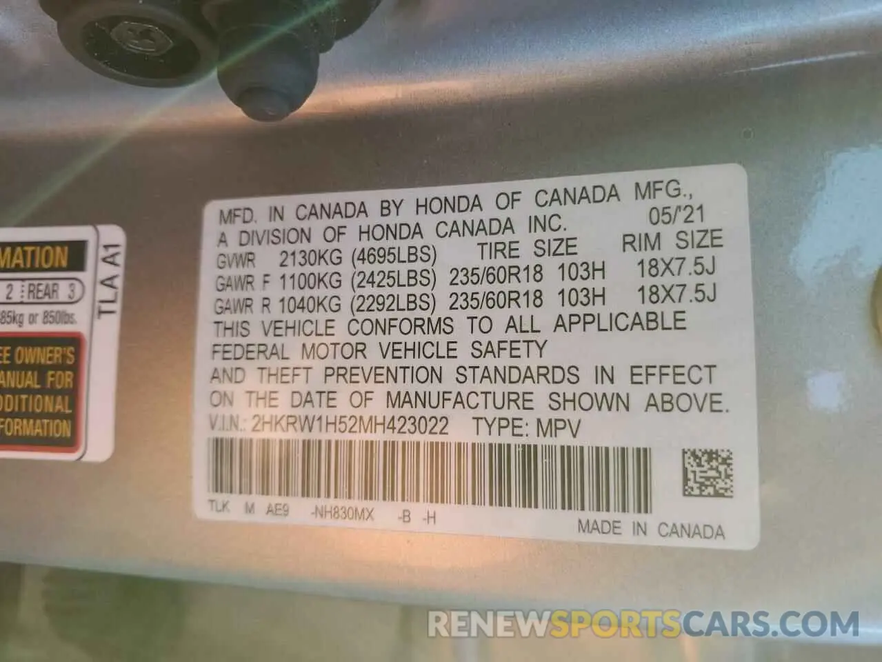 13 Photograph of a damaged car 2HKRW1H52MH423022 HONDA CRV 2021