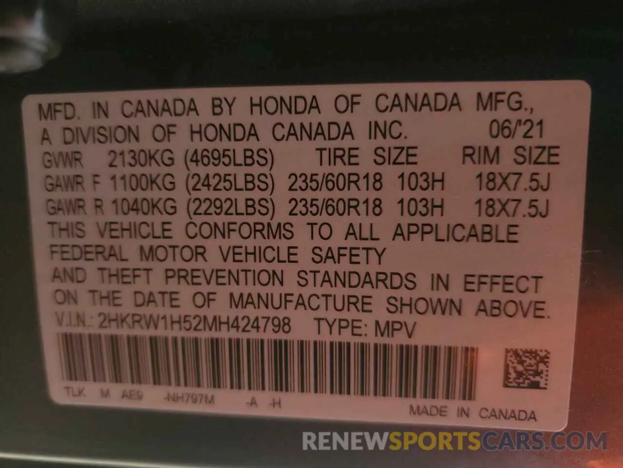 13 Photograph of a damaged car 2HKRW1H52MH424798 HONDA CRV 2021