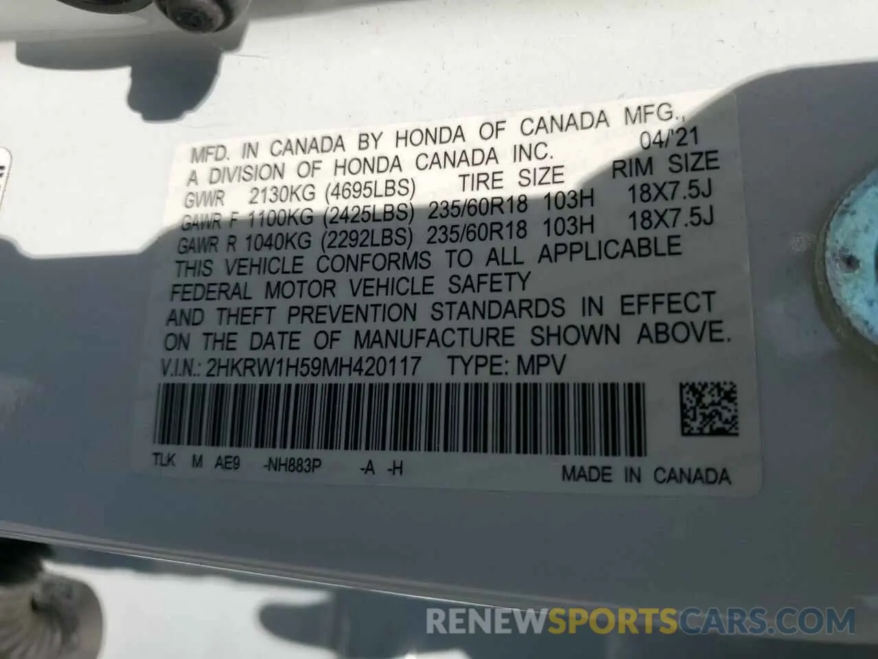 14 Photograph of a damaged car 2HKRW1H59MH420117 HONDA CRV 2021