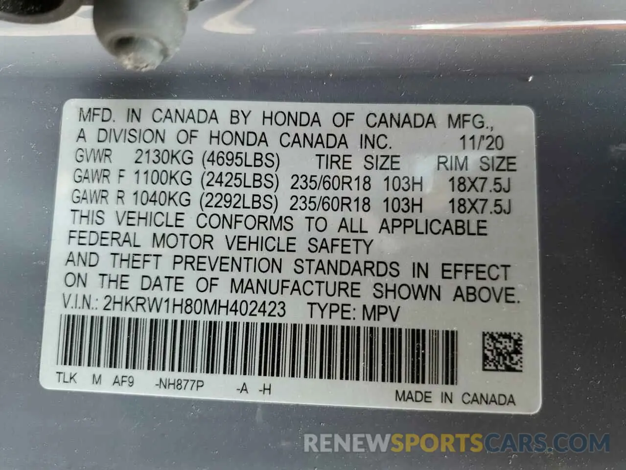 13 Photograph of a damaged car 2HKRW1H80MH402423 HONDA CRV 2021