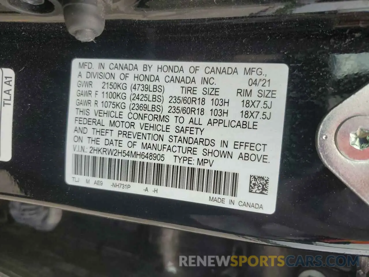 13 Photograph of a damaged car 2HKRW2H54MH648905 HONDA CRV 2021