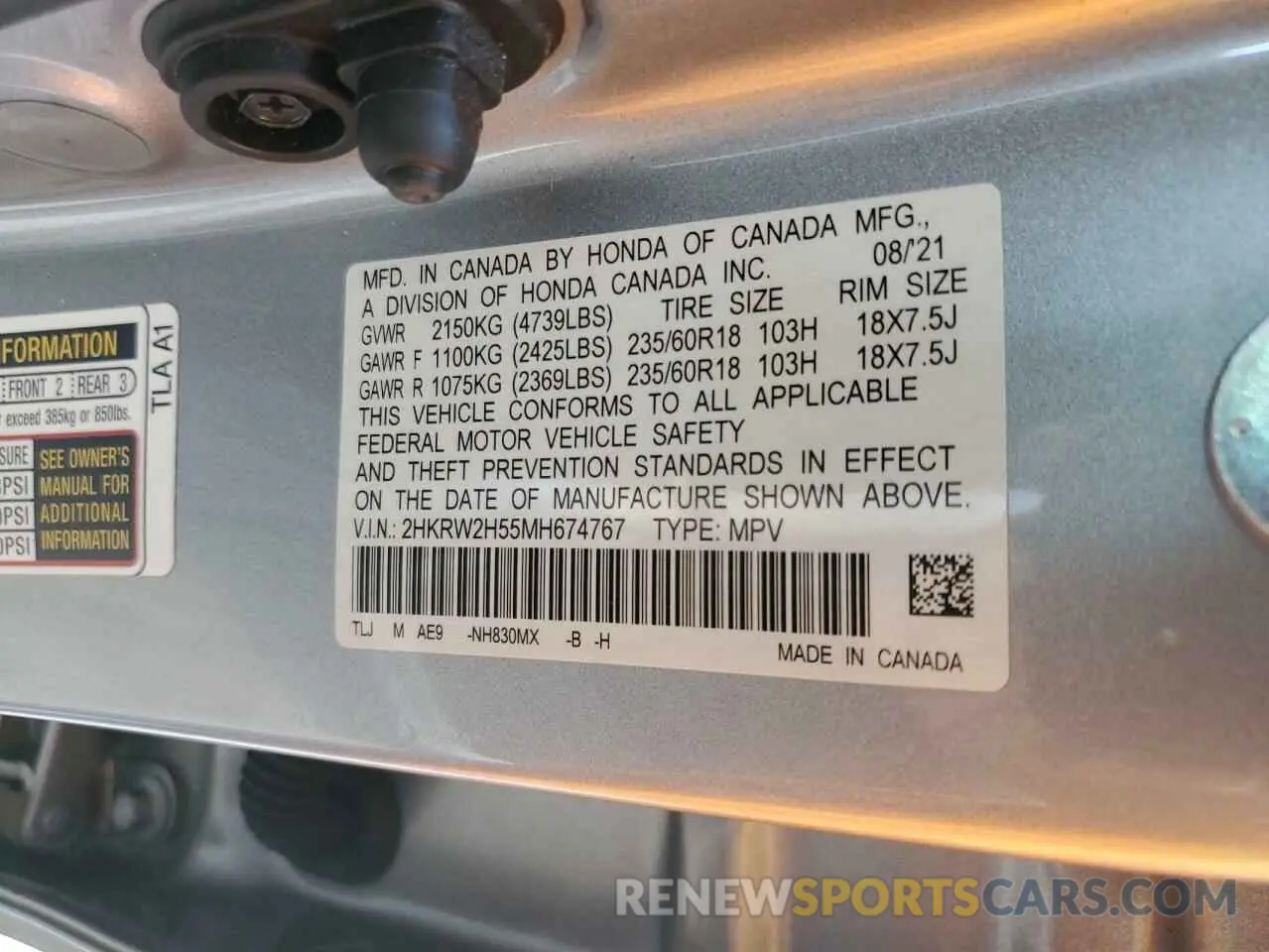 13 Photograph of a damaged car 2HKRW2H55MH674767 HONDA CRV 2021