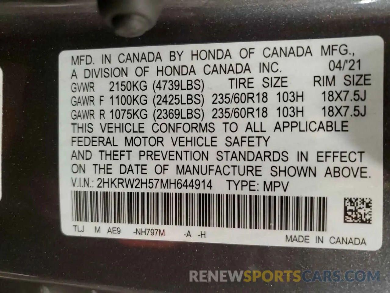 13 Photograph of a damaged car 2HKRW2H57MH644914 HONDA CRV 2021