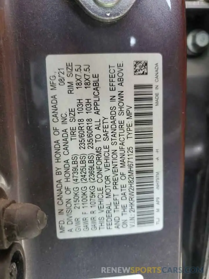 13 Photograph of a damaged car 2HKRW2H82MH671125 HONDA CRV 2021