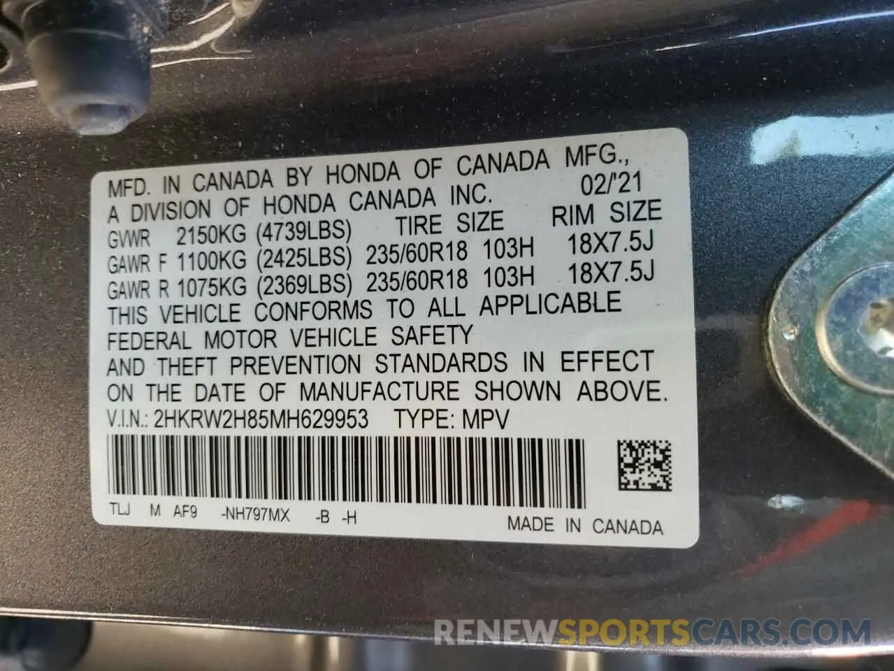 14 Photograph of a damaged car 2HKRW2H85MH629953 HONDA CRV 2021