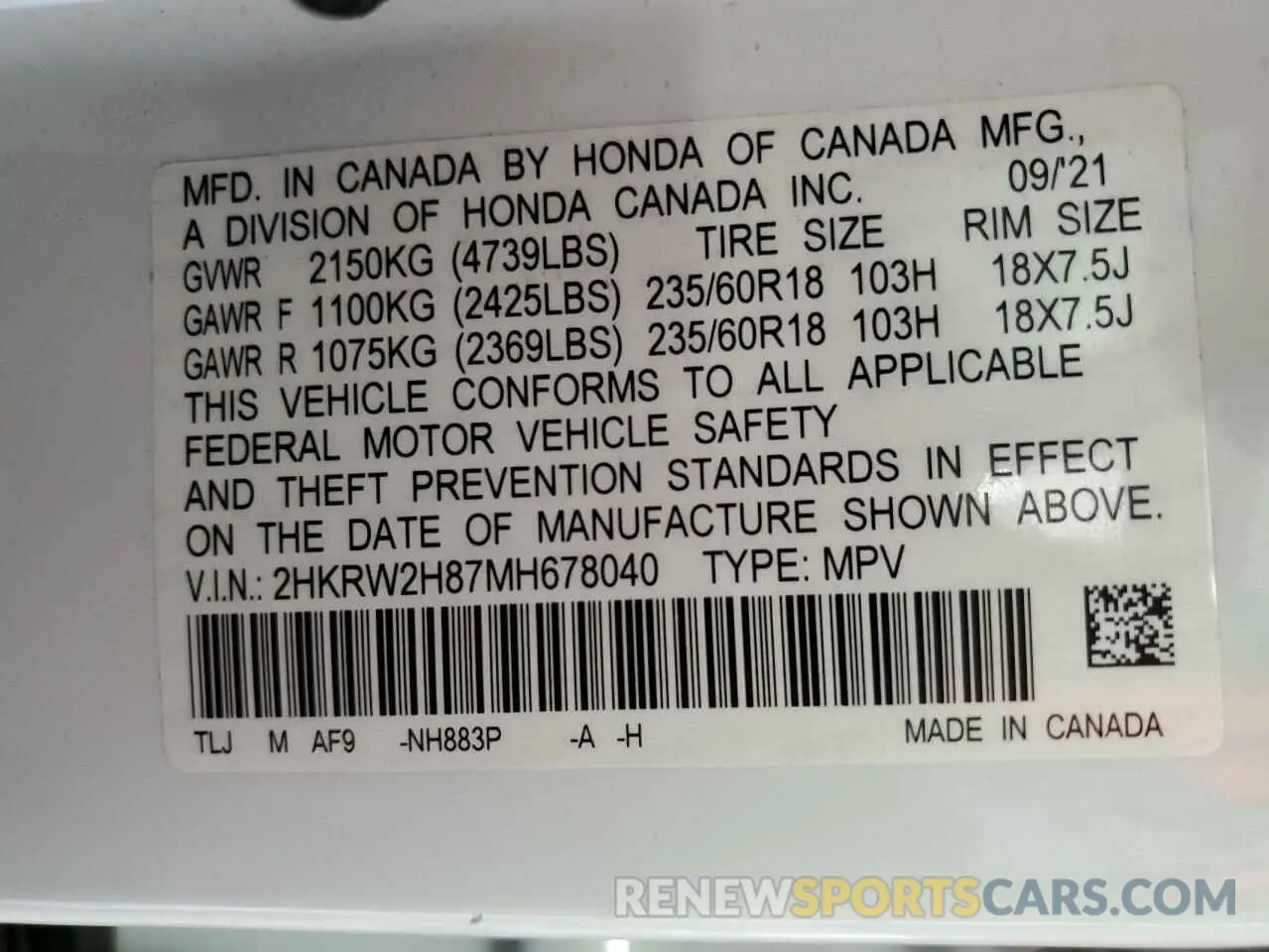 13 Photograph of a damaged car 2HKRW2H87MH678040 HONDA CRV 2021