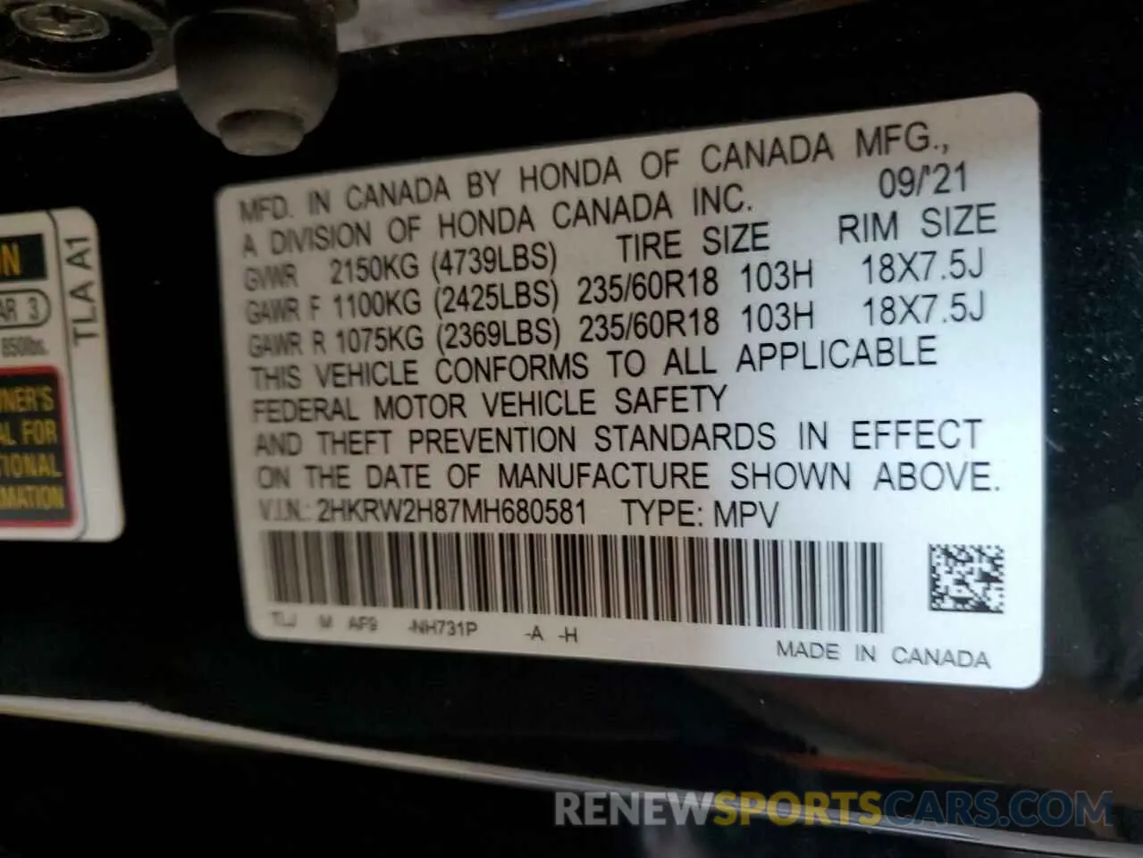 13 Photograph of a damaged car 2HKRW2H87MH680581 HONDA CRV 2021