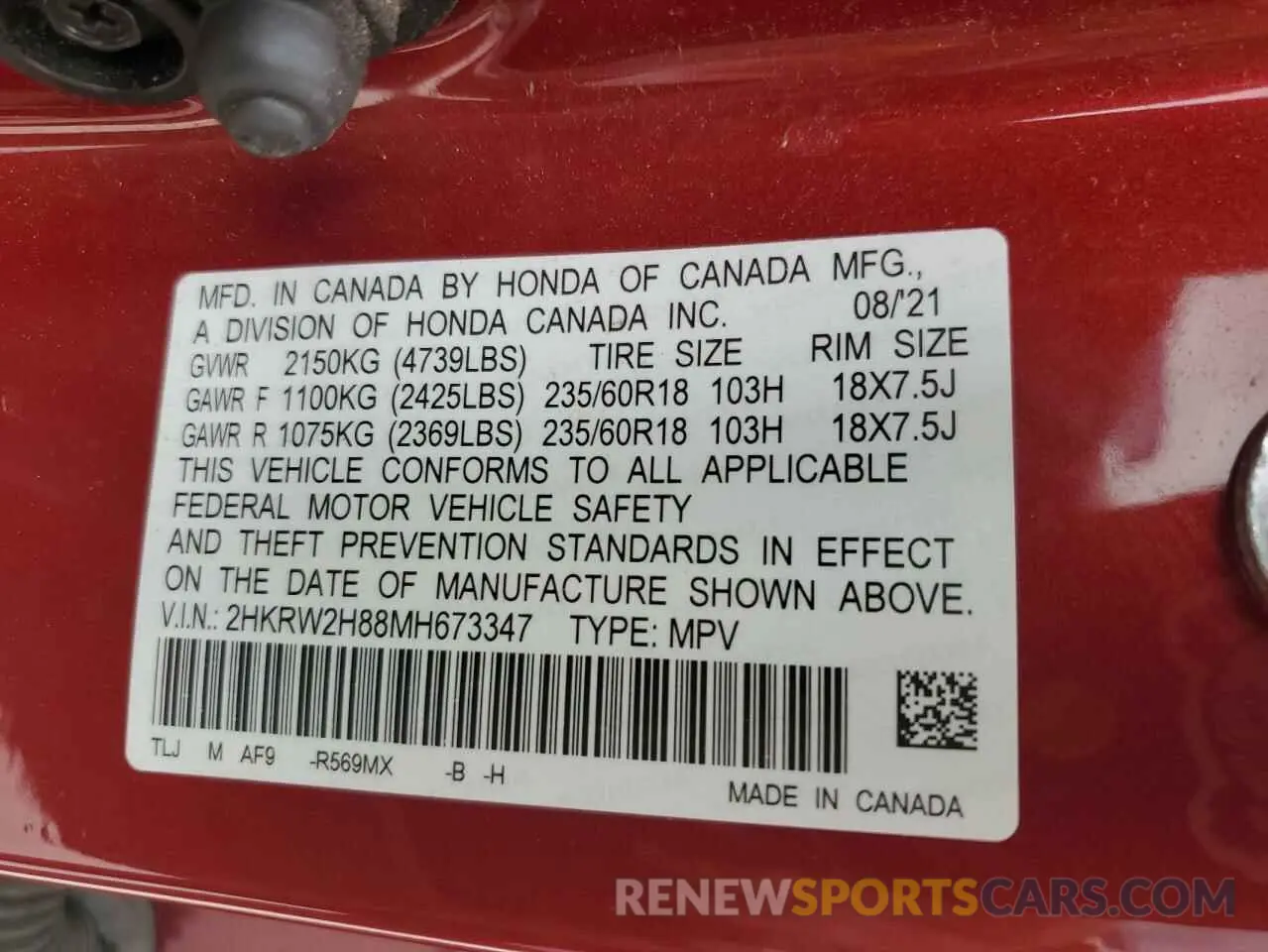 13 Photograph of a damaged car 2HKRW2H88MH673347 HONDA CRV 2021