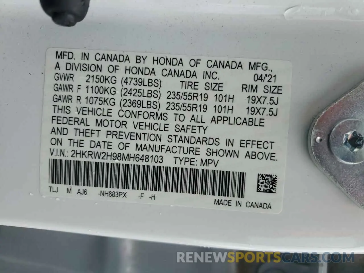 12 Photograph of a damaged car 2HKRW2H98MH648103 HONDA CRV 2021