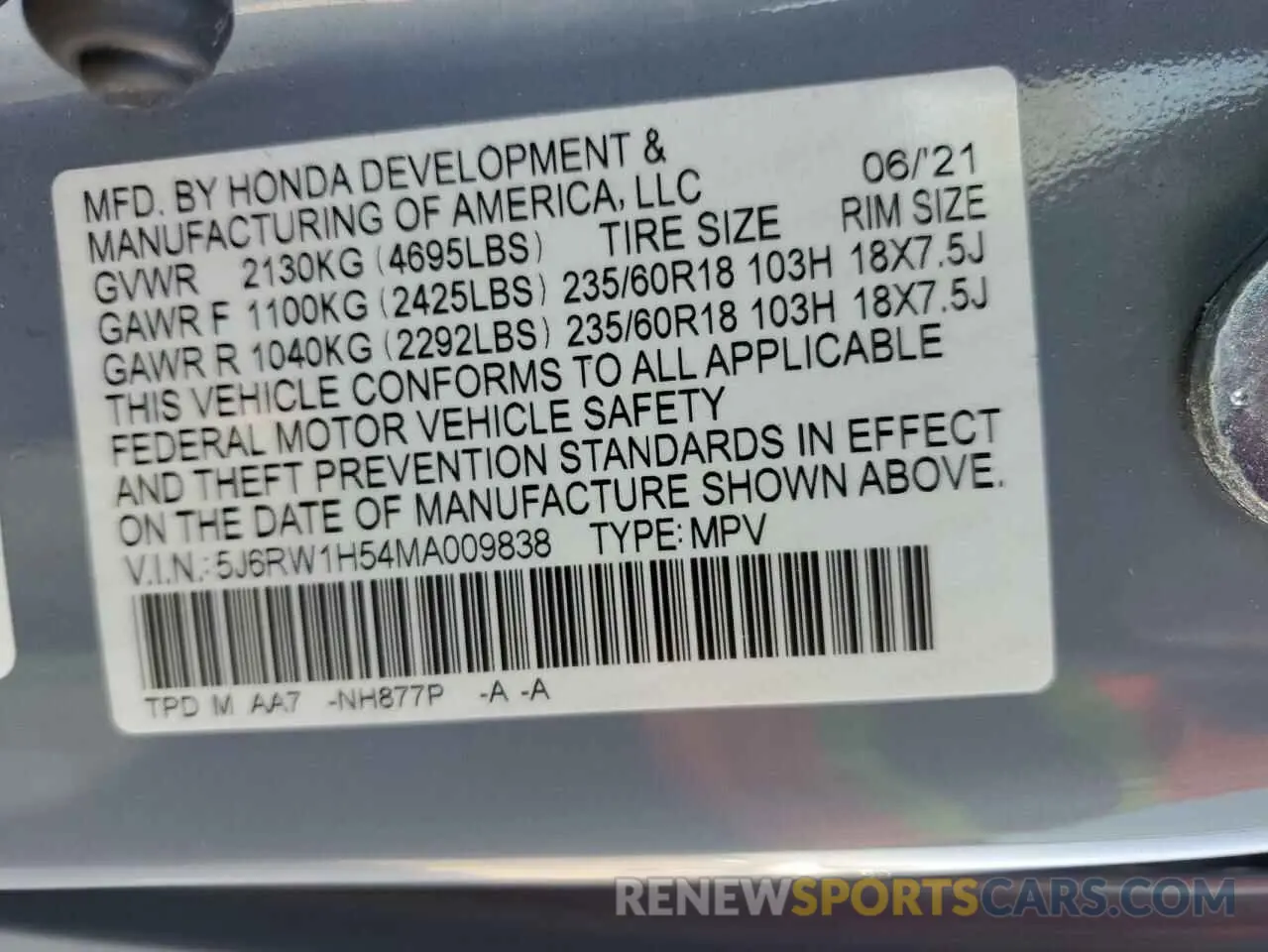 13 Photograph of a damaged car 5J6RW1H54MA009838 HONDA CRV 2021