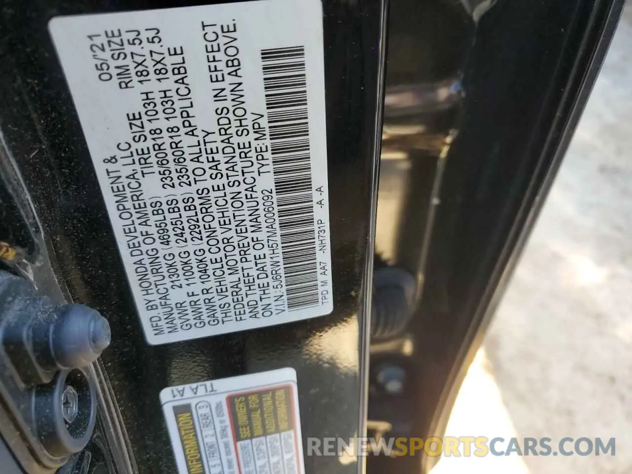 13 Photograph of a damaged car 5J6RW1H57MA006092 HONDA CRV 2021