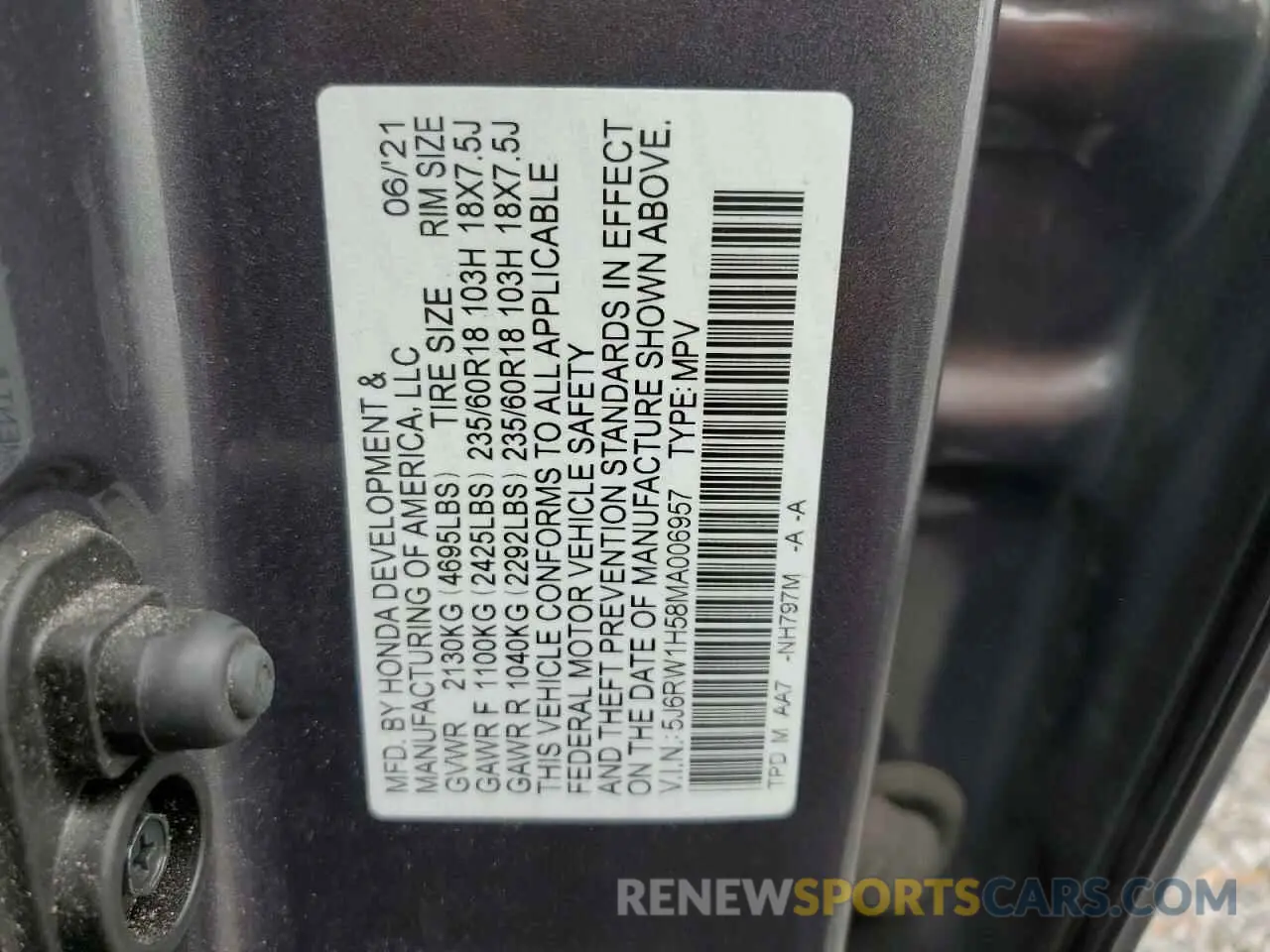 13 Photograph of a damaged car 5J6RW1H58MA006957 HONDA CRV 2021