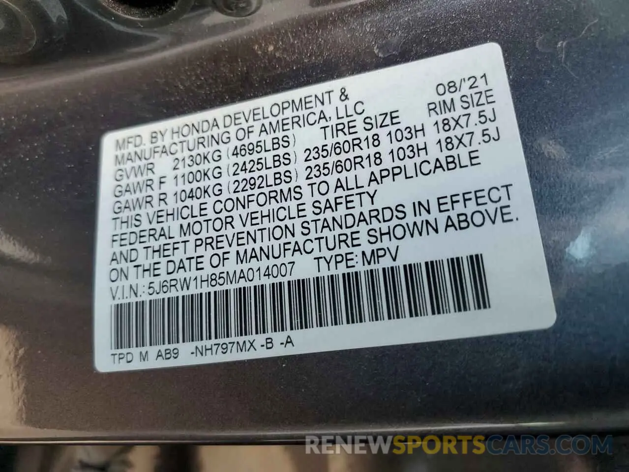 13 Photograph of a damaged car 5J6RW1H85MA014007 HONDA CRV 2021