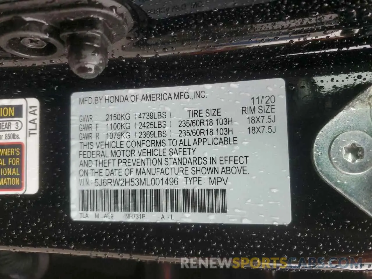 13 Photograph of a damaged car 5J6RW2H53ML001496 HONDA CRV 2021
