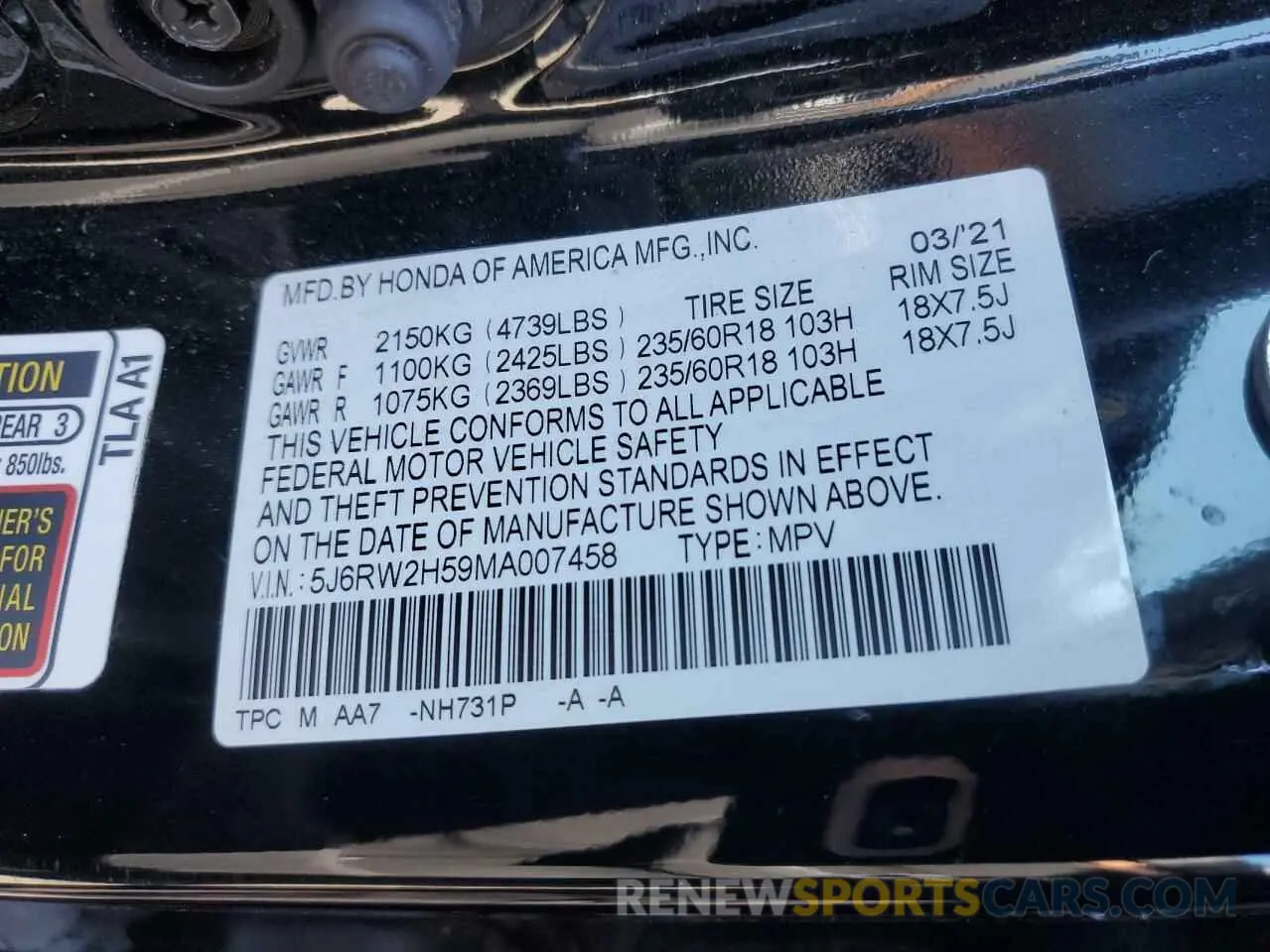 15 Photograph of a damaged car 5J6RW2H59MA007458 HONDA CRV 2021
