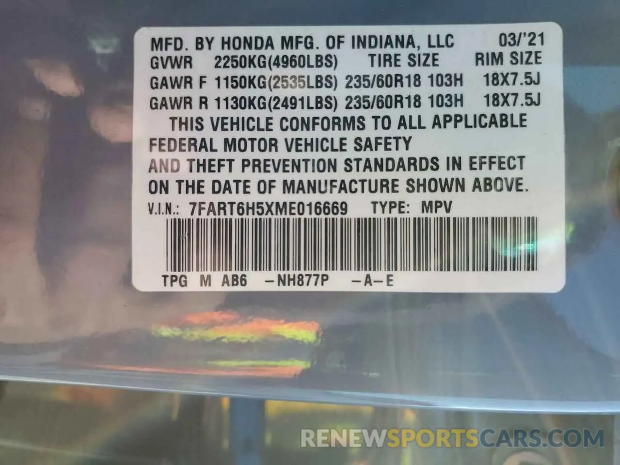 13 Photograph of a damaged car 7FART6H5XME016669 HONDA CRV 2021