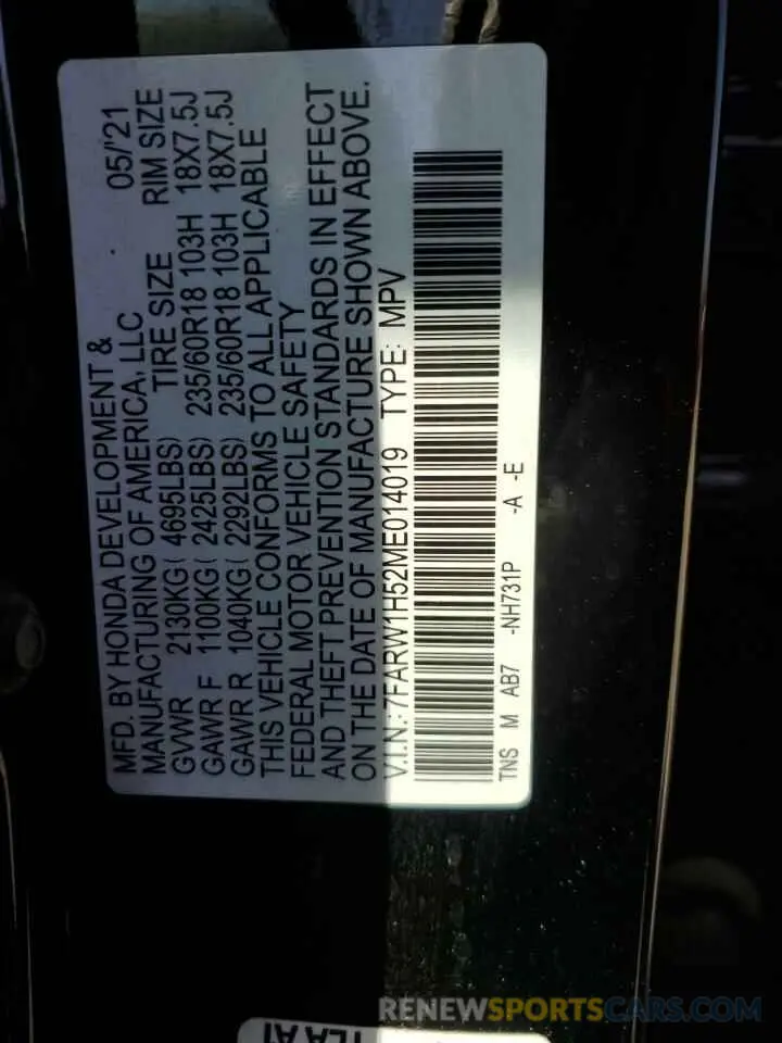 13 Photograph of a damaged car 7FARW1H52ME014019 HONDA CRV 2021