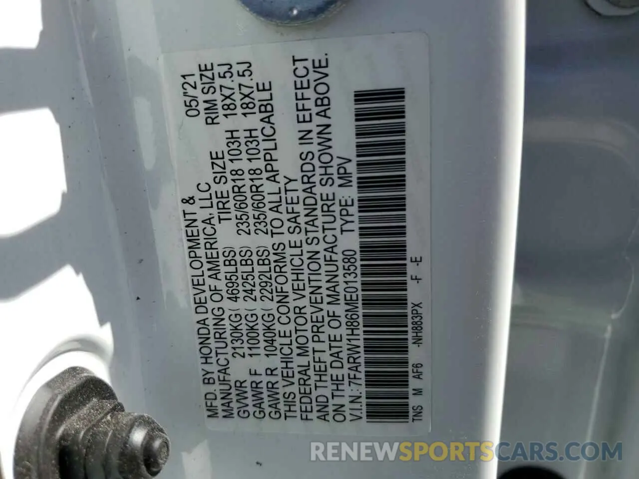 13 Photograph of a damaged car 7FARW1H86ME013580 HONDA CRV 2021