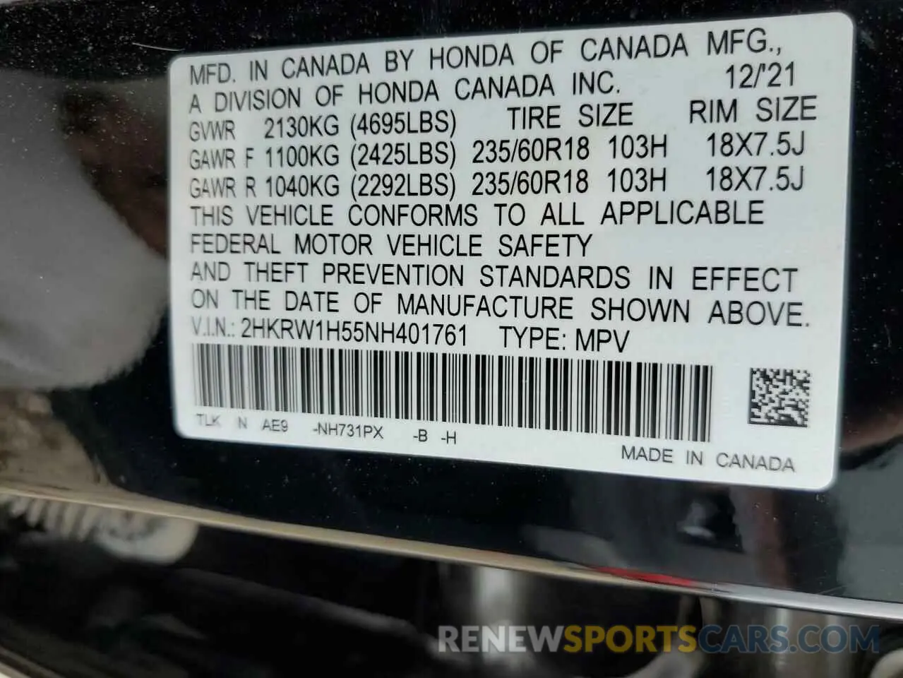 13 Photograph of a damaged car 2HKRW1H55NH401761 HONDA CRV 2022