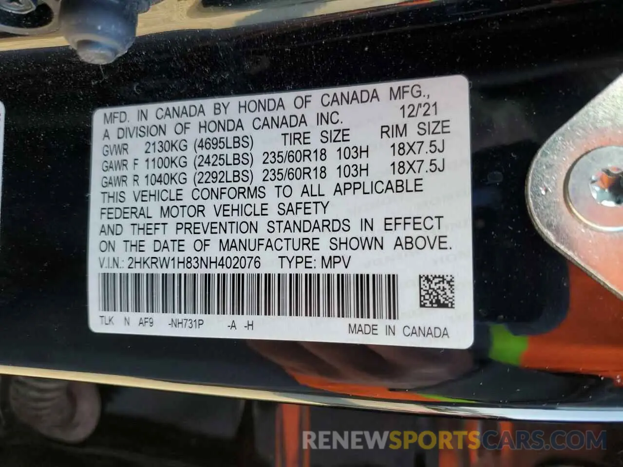12 Photograph of a damaged car 2HKRW1H83NH402076 HONDA CRV 2022