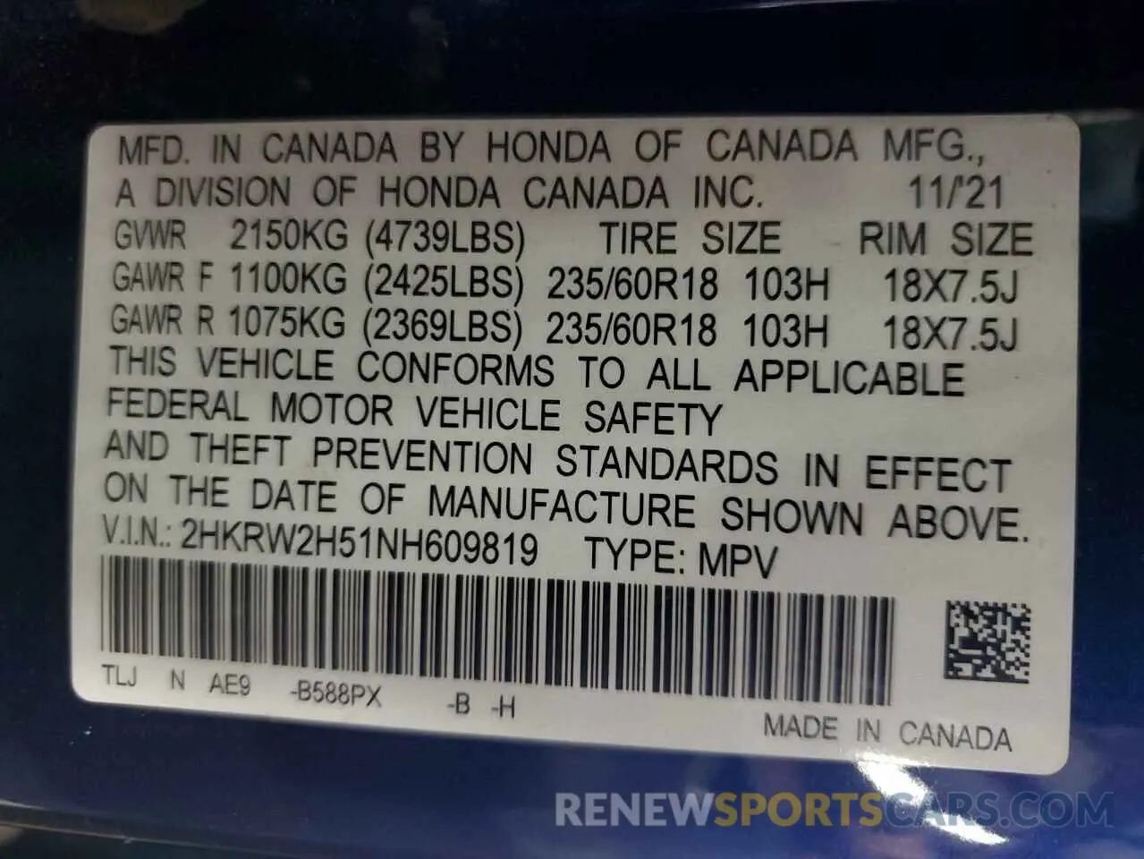 14 Photograph of a damaged car 2HKRW2H51NH609819 HONDA CRV 2022