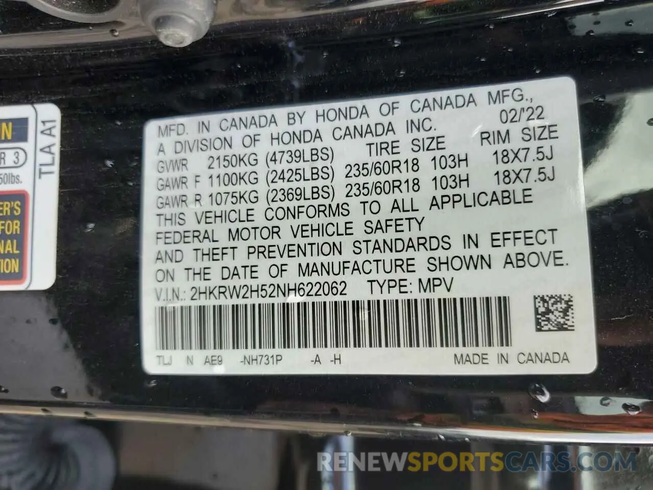 13 Photograph of a damaged car 2HKRW2H52NH622062 HONDA CRV 2022