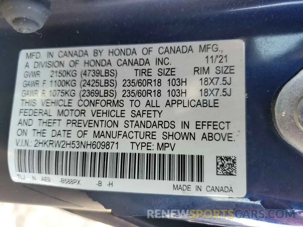 14 Photograph of a damaged car 2HKRW2H53NH609871 HONDA CRV 2022