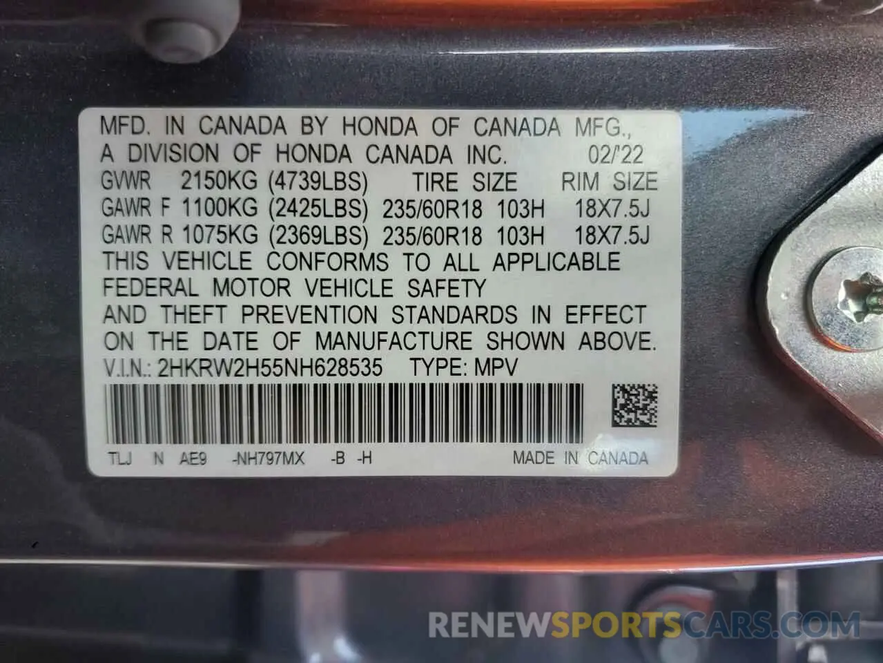 13 Photograph of a damaged car 2HKRW2H55NH628535 HONDA CRV 2022