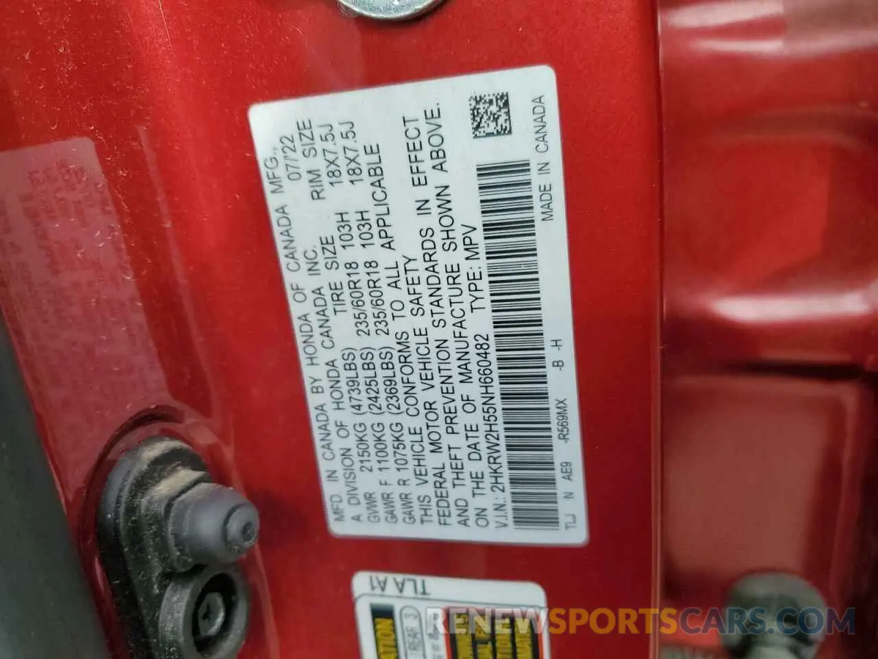 13 Photograph of a damaged car 2HKRW2H55NH660482 HONDA CRV 2022