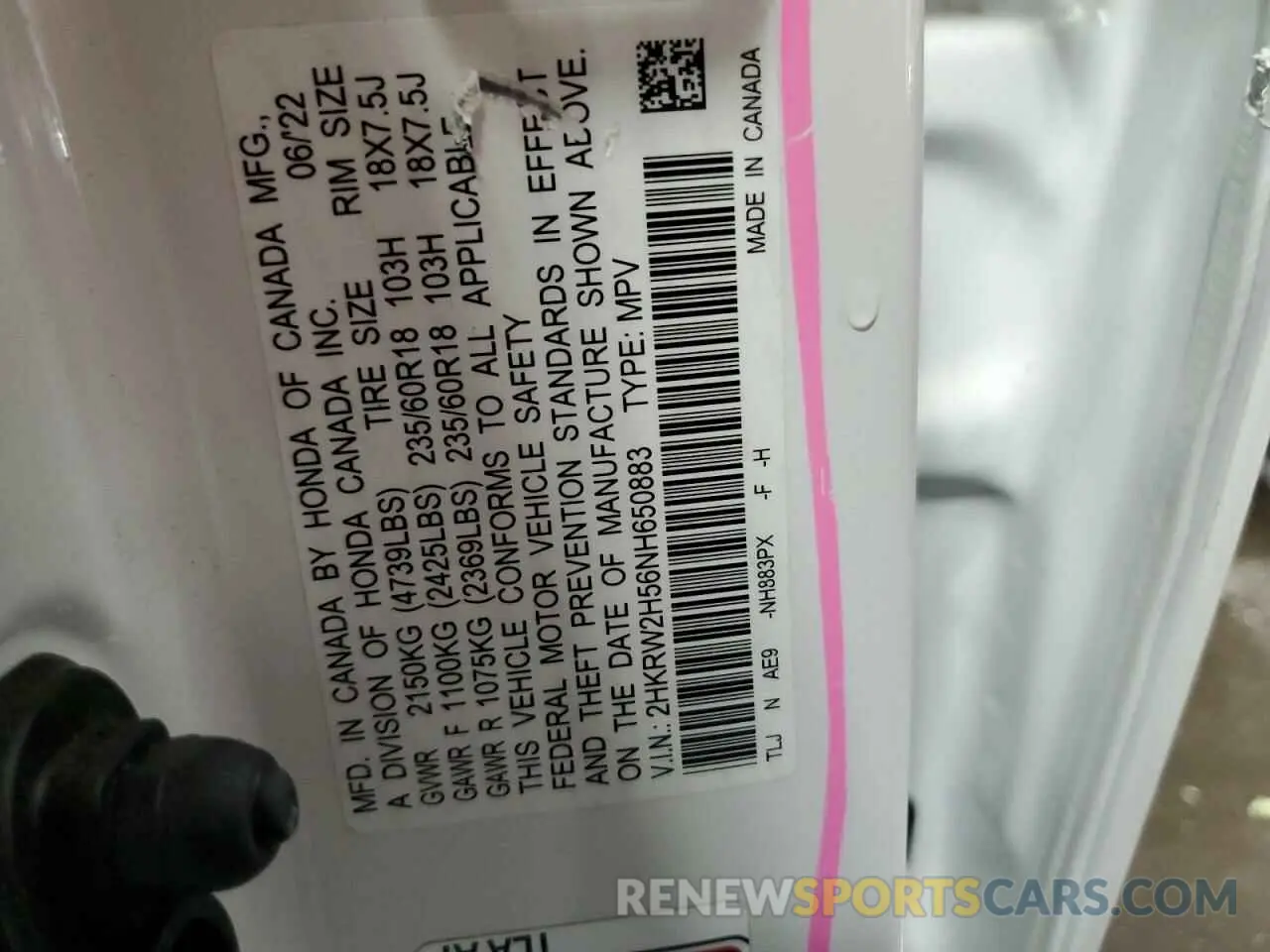 13 Photograph of a damaged car 2HKRW2H56NH650883 HONDA CRV 2022