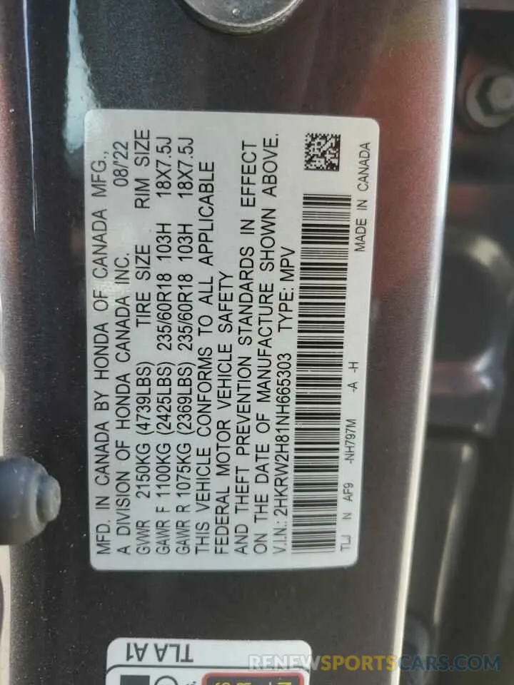 14 Photograph of a damaged car 2HKRW2H81NH665303 HONDA CRV 2022