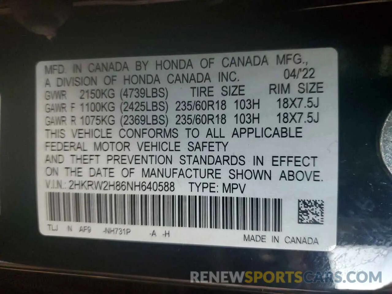 16 Photograph of a damaged car 2HKRW2H86NH640588 HONDA CRV 2022