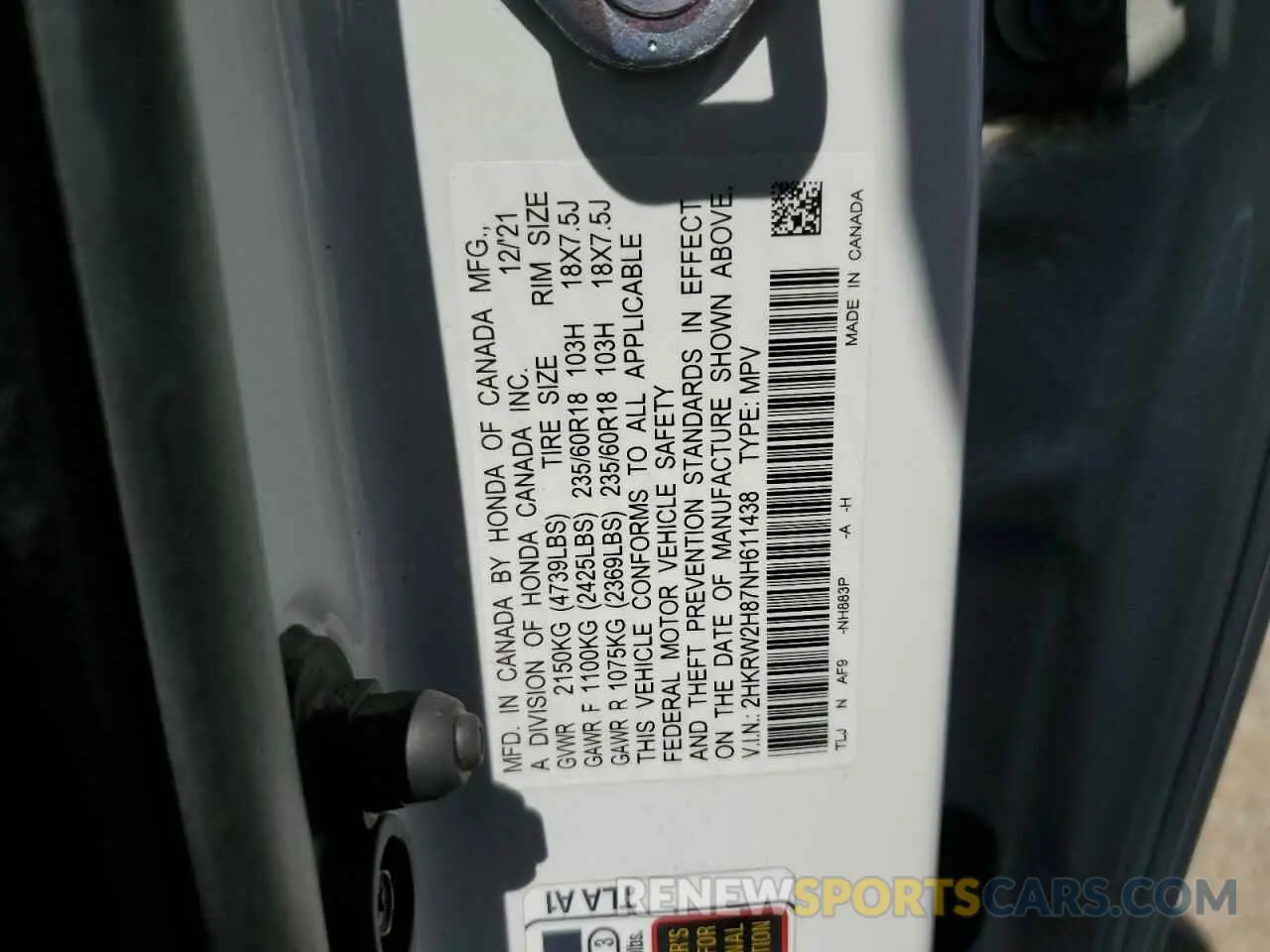 12 Photograph of a damaged car 2HKRW2H87NH611438 HONDA CRV 2022