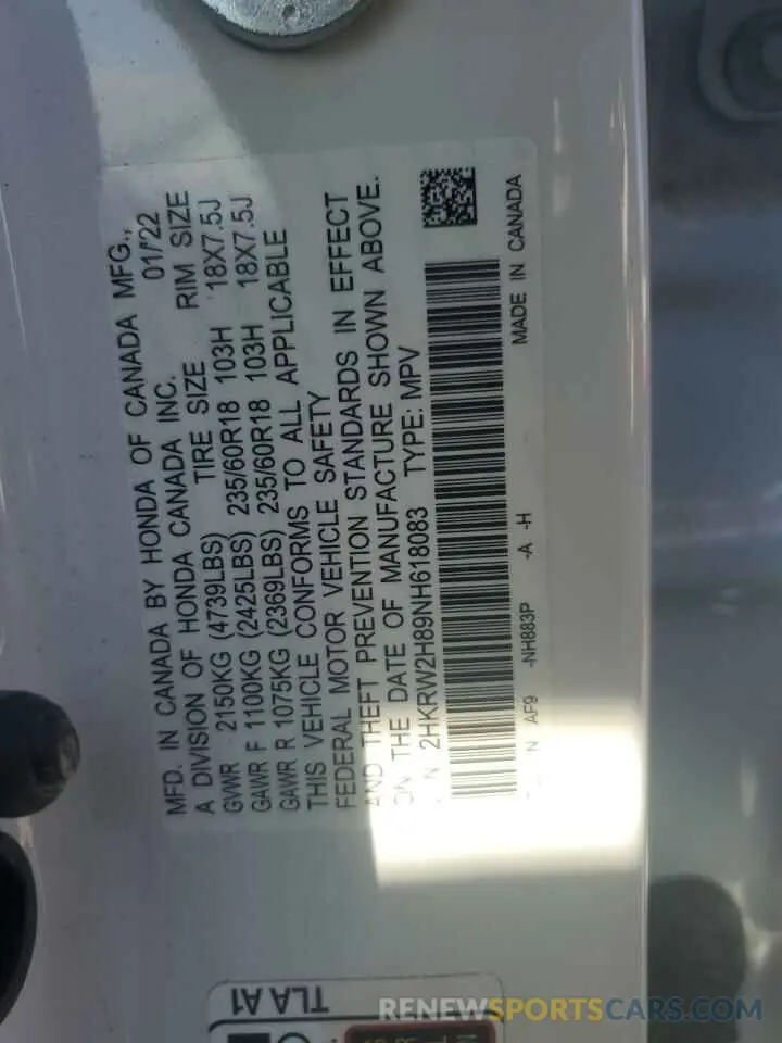 13 Photograph of a damaged car 2HKRW2H89NH618083 HONDA CRV 2022