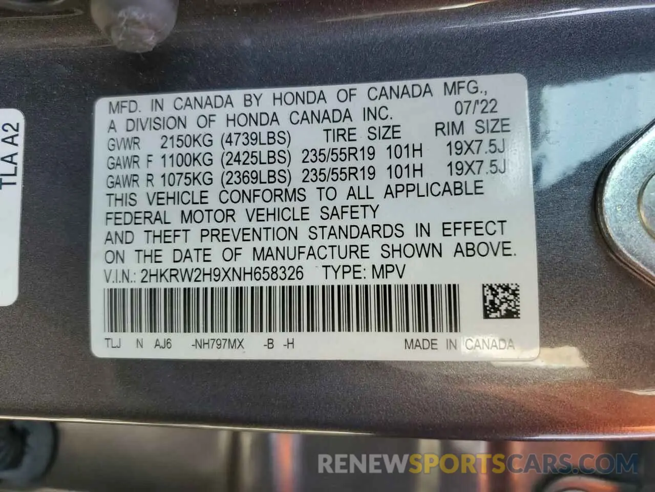 15 Photograph of a damaged car 2HKRW2H9XNH658326 HONDA CRV 2022