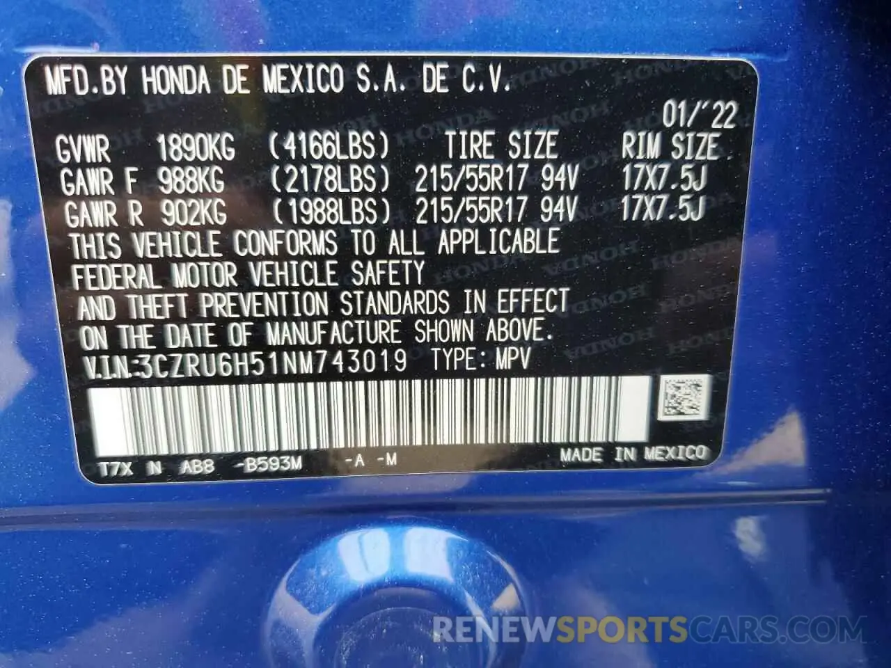 14 Photograph of a damaged car 3CZRU6H51NM743019 HONDA CRV 2022