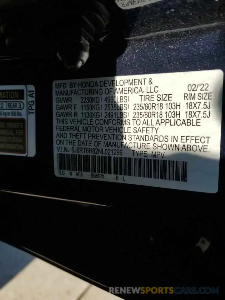 13 Photograph of a damaged car 5J6RT6H82NL021296 HONDA CRV 2022