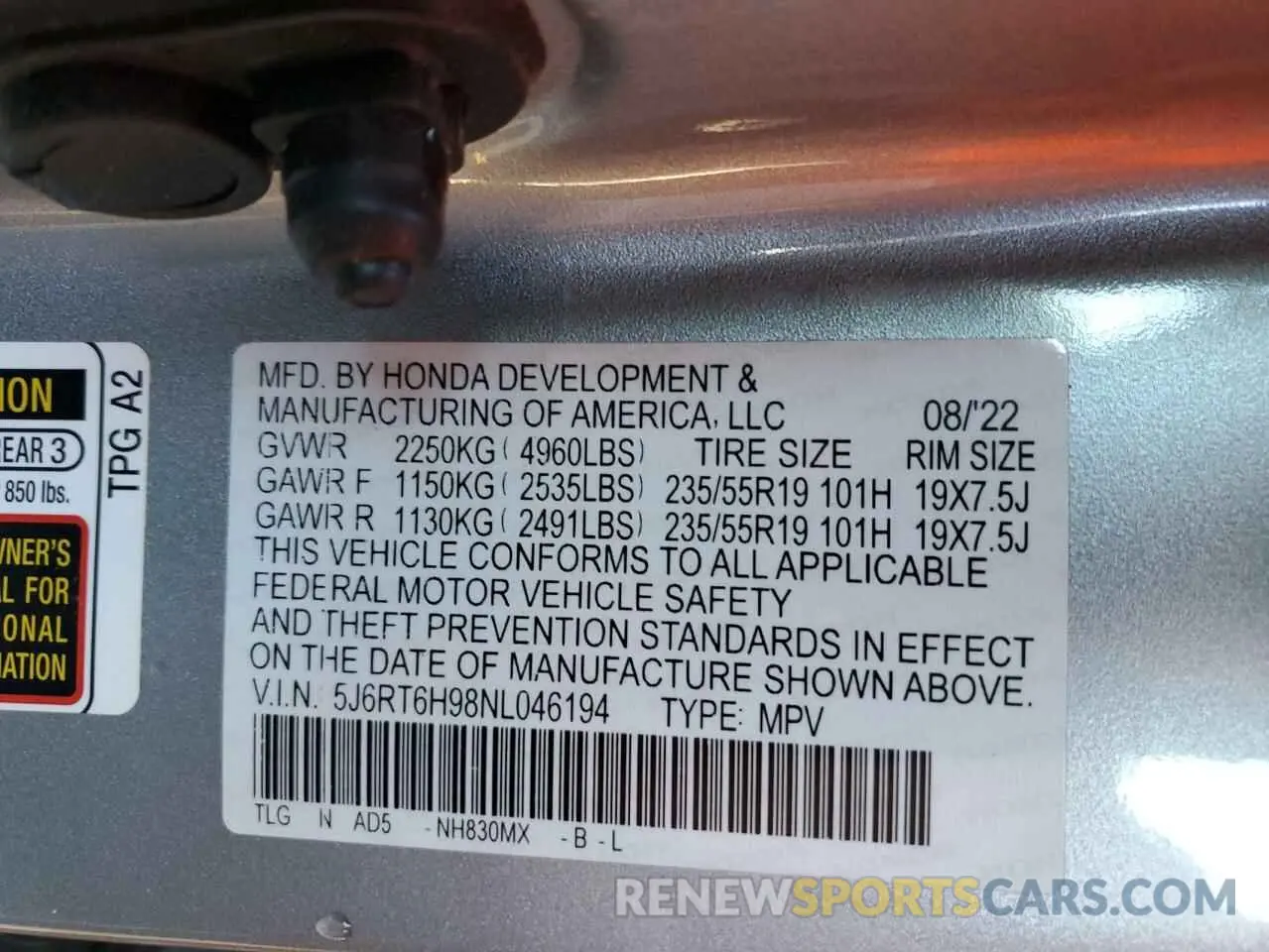 15 Photograph of a damaged car 5J6RT6H98NL046194 HONDA CRV 2022