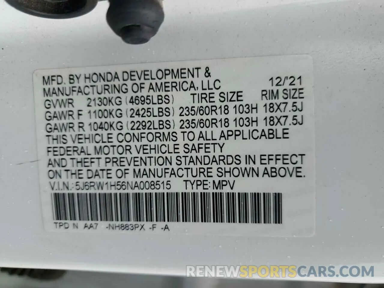 14 Photograph of a damaged car 5J6RW1H56NA008515 HONDA CRV 2022