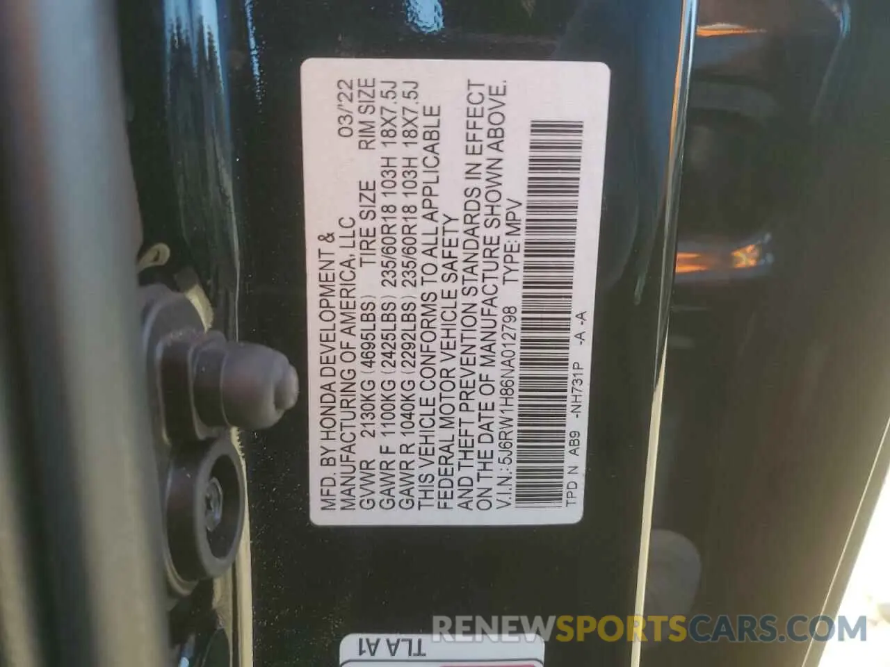 14 Photograph of a damaged car 5J6RW1H86NA012798 HONDA CRV 2022